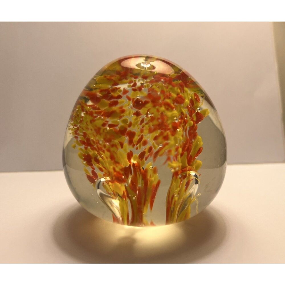 Vintage Murano Style Glass Blown Paperweight Red & Yellow Floral 2" Tall